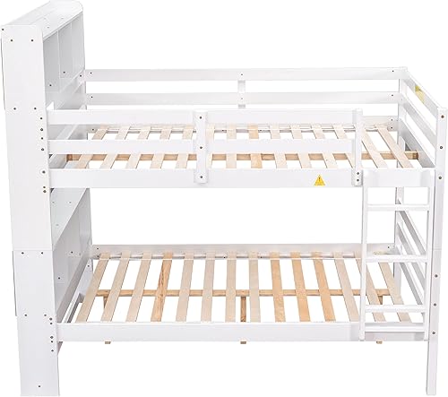 Miniatura 9 de HomSof Full Over Full Bunk Beds with Bookcase Headboard Solid Wood Bed Frame with Safety Rail and Ladder KidsTeens Bedroom Guest Room Furniture Can