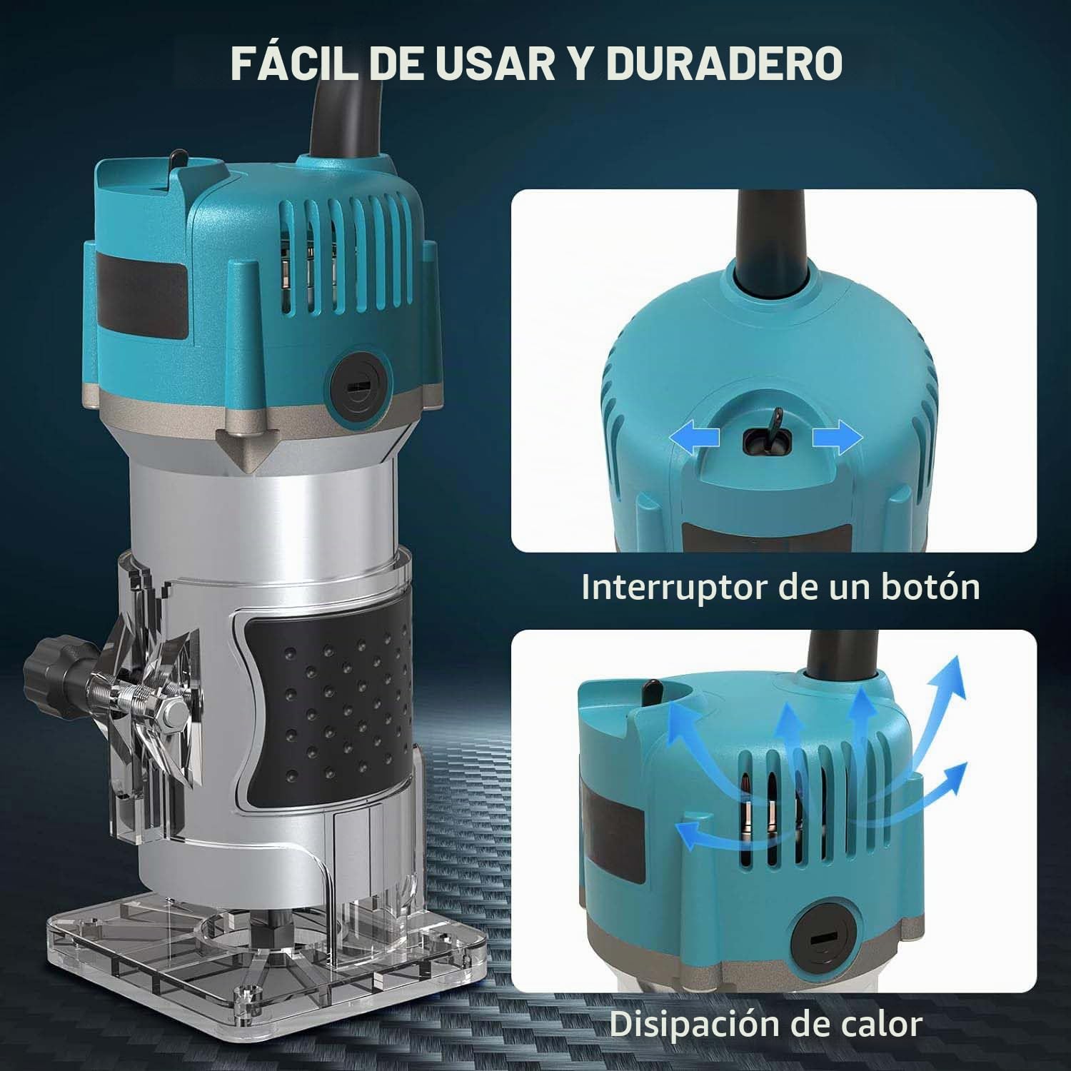 Fresadora de madera, fresadora de cantos con una mano, fresadora multifunción de madera, 30000 R/MIN 800 W + 15 piezas de carburo de 6,35 mm