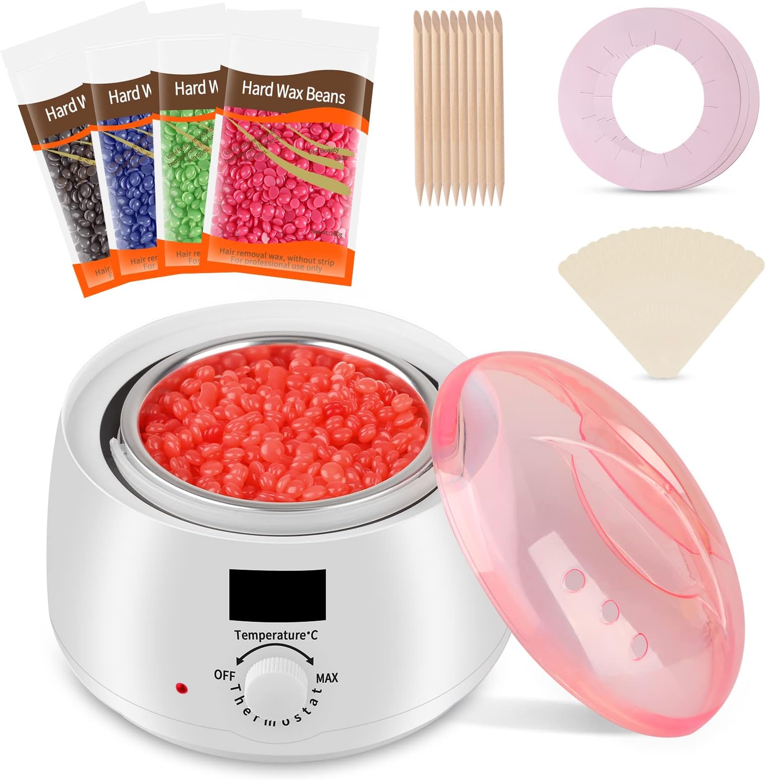 Super PDR Waxing Kit for Hair Removal, Wax Heater, Wax Warmer with LED Temperature Display, 4 Wax Beads, 30 Wax Sticks for Legs, Arms, Bikini Area, Women and Men