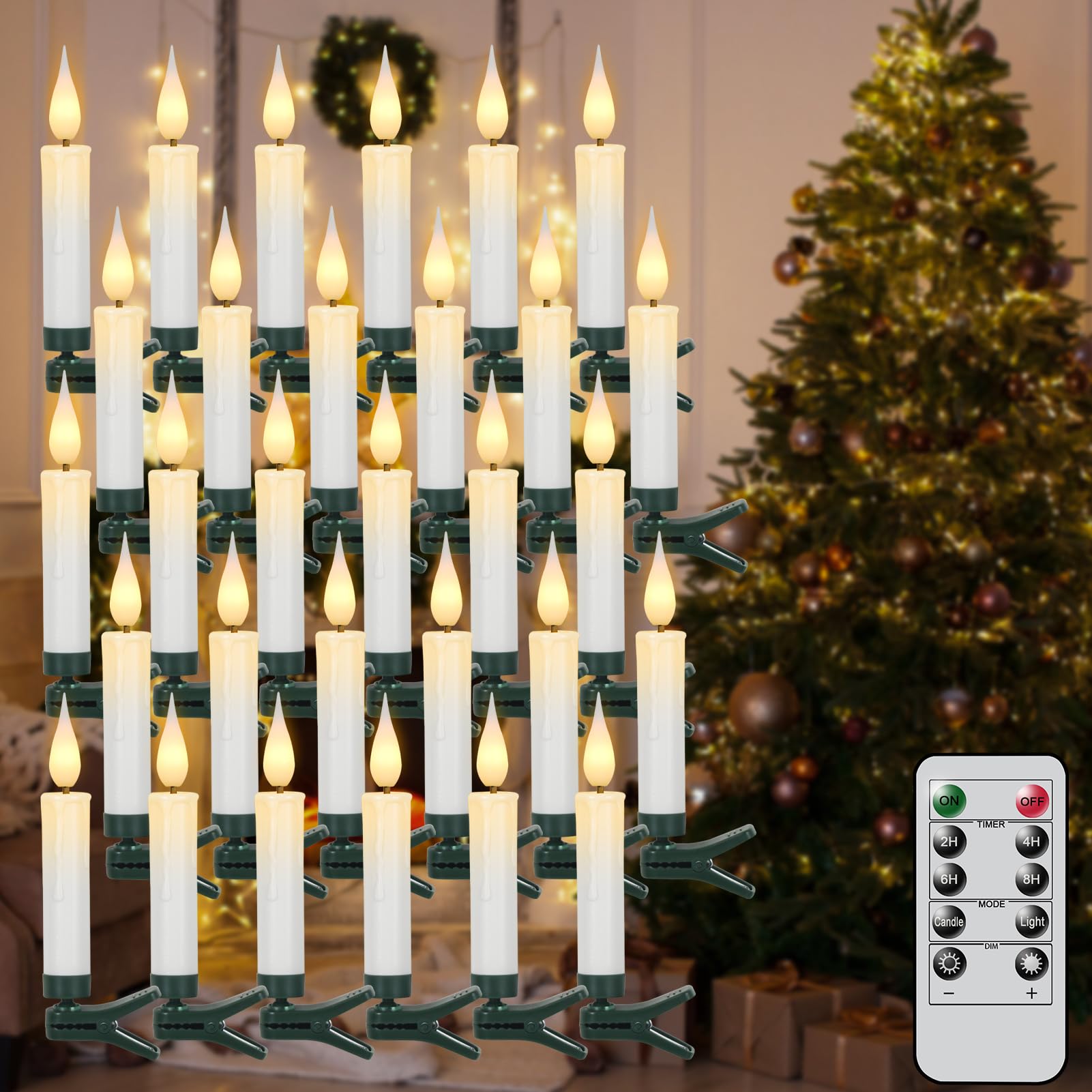 Eldnacele LED Christbaumkerzen kabellos mit Timer, Fernbedienung, 30er Set | Christbaumkerzen LED kabellos, Weihnachtsbaum Kerzen LED ohne Kabel, Baumkerzen mit Clip, flackernde Flamme, dimmbar, Weiß