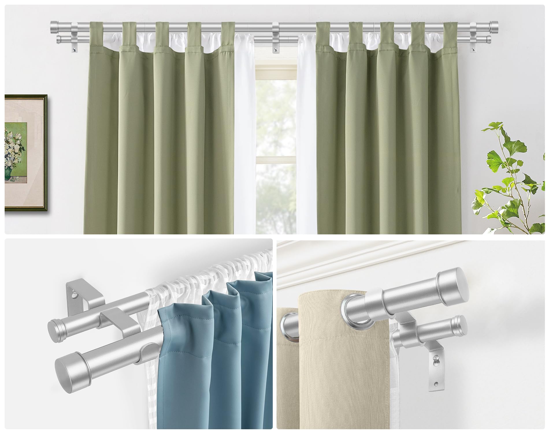 HOTOZON Barra de cortina de 2 vías, 80 – 218 cm, barra de cortina de doble caño plateado con topes clásicos, barras de cortina extensibles de 25 mm con soportes para salón, cocina, dormitorio