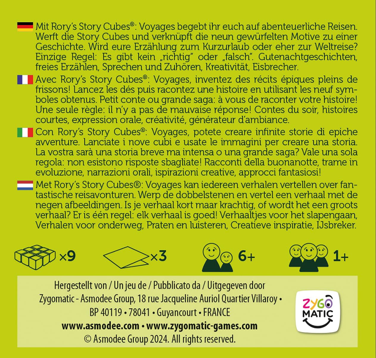 Asmodee, Rory's Story Cubes: Voyages, Zygomatic, gioco di famiglia, 1+ giocatore, dai 6+ anni, 20 minuti, gioco in tedesco, francese, italiano e olandese