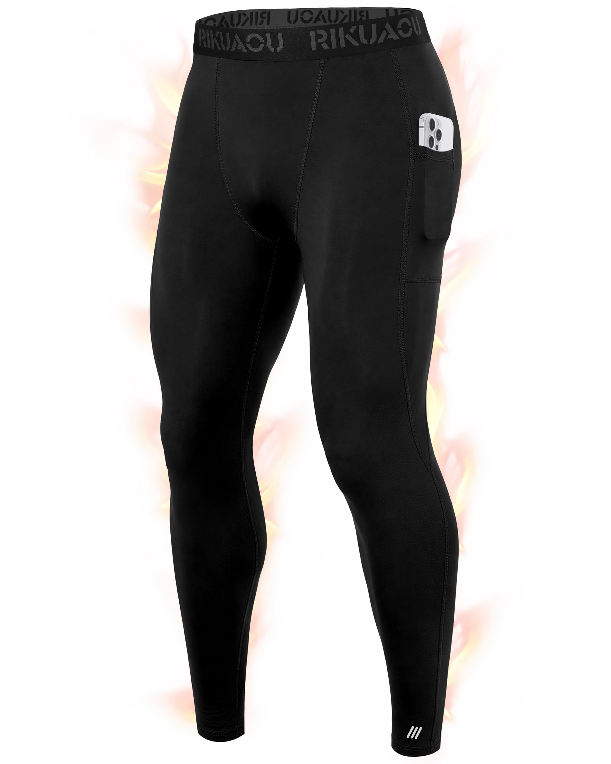 Men's Thermal Compression Pants Fleece Lined Leggings with Pockets