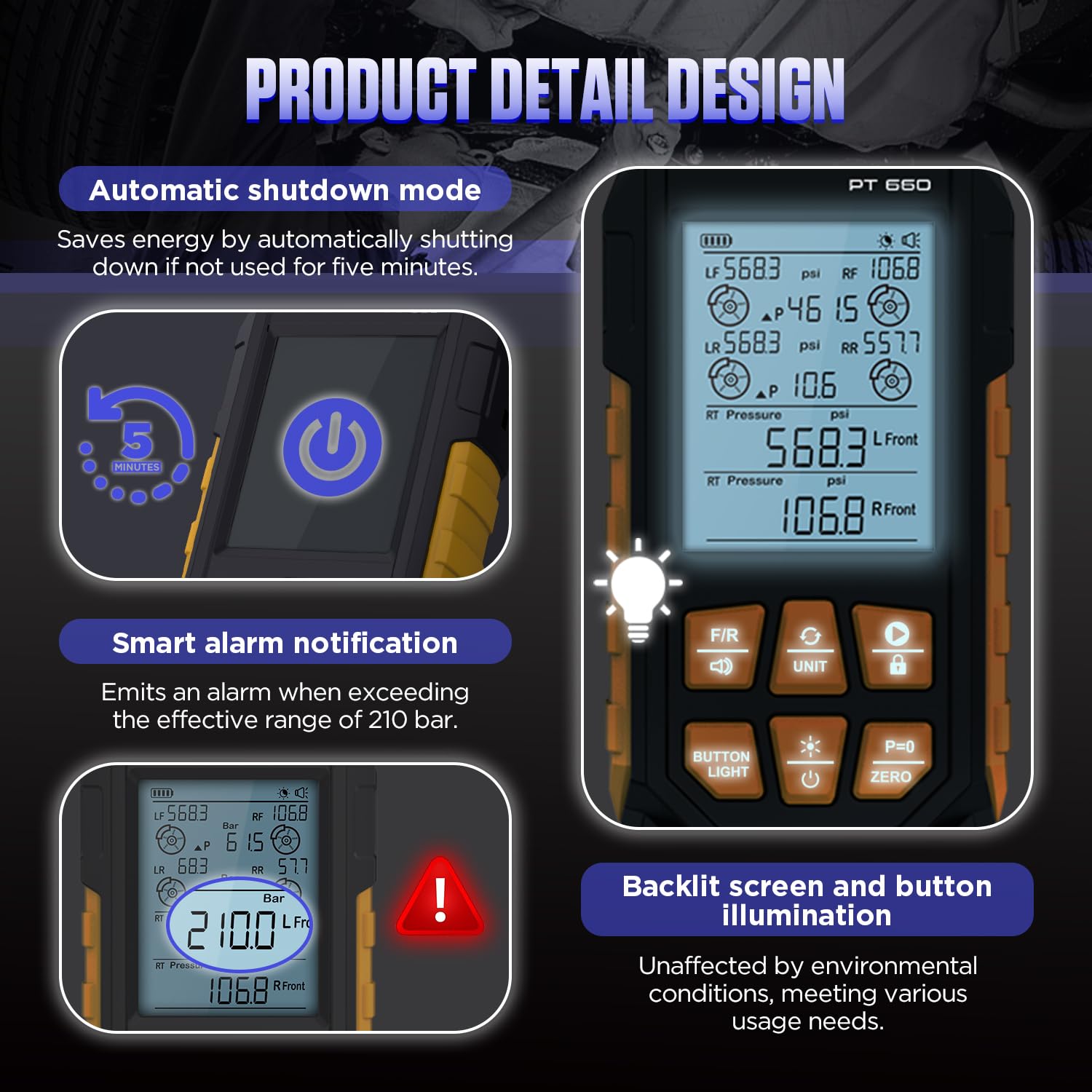 Brake System Pressure Tester with 11 Adapters, 3 Units Switch, Magnetic Back, Smart Alarm Notification, Dual-Port Digital Brake Pressure Tester, 10-21000Kpa, PT660
