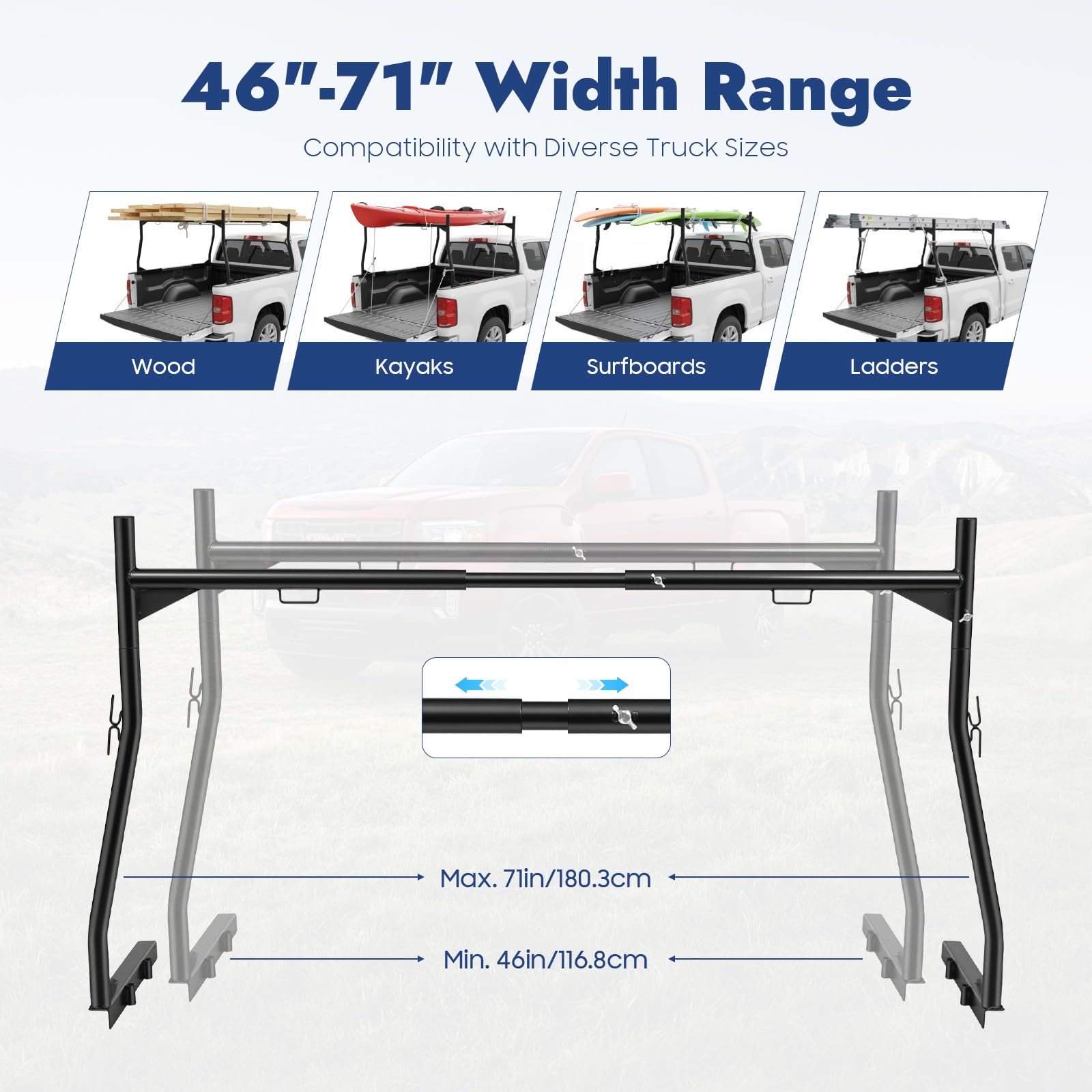 Portaequipajes Pickup para caja de carga, estante separador ajustable para camioneta, portaescaleras para camión, hasta 362 kg, portaescaleras de acero con pernos en J sin taladrar, estante