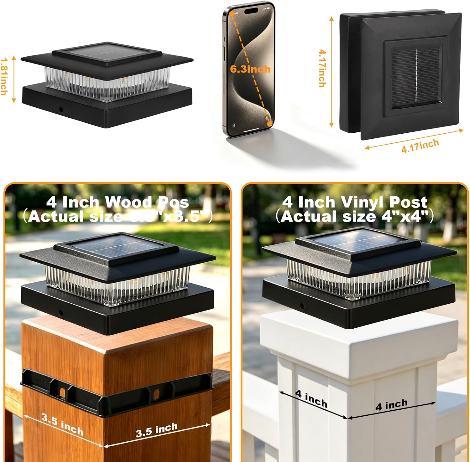 4x4 Solar Post Cap Lights, 13 Lighting Modes RGB Post Solar Lights Outdoor | 8 LED IP44 Waterproof Solar Deck Lights, for 4x4 3.5x3.5 Wood/Vinyl Fence Post