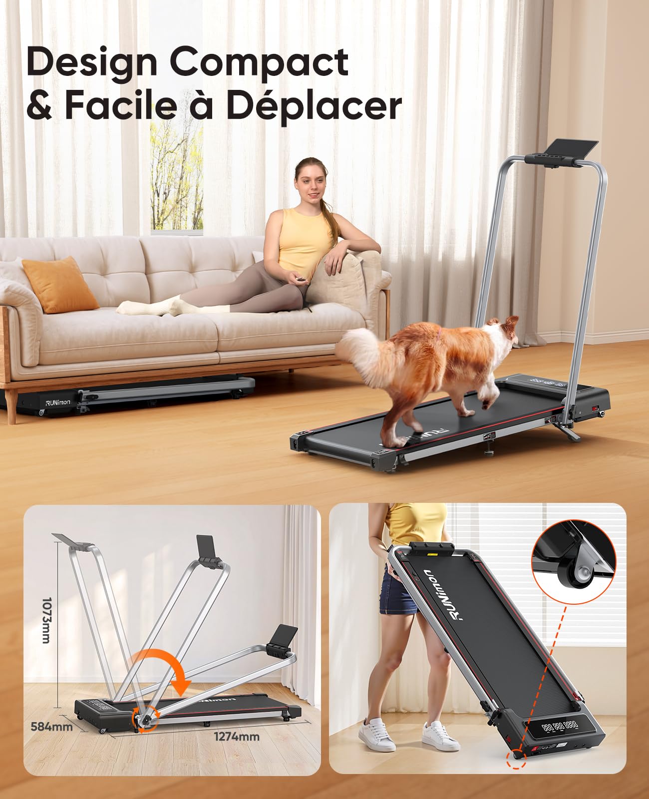 Tapis de Course 6 en 1 Pliable Inclinable, 12 km/h, 2.5HP, 2 Écrans LED, APP Intelligente