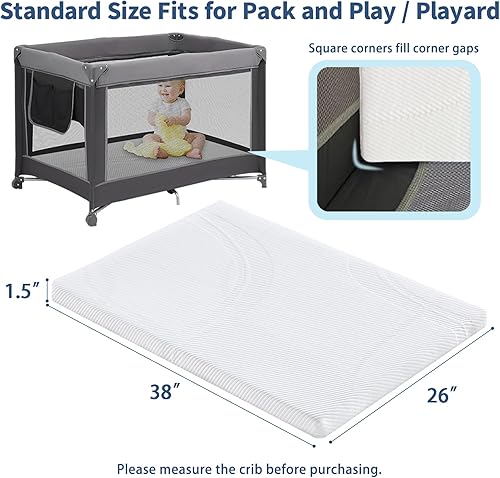 Miniatura 2 de Colchón Pack and Play de 38 x 26 x 1.5 pulgadas, colchones suaves y transpirables Pack N Play con funda impermeable lavable para bebés y niños