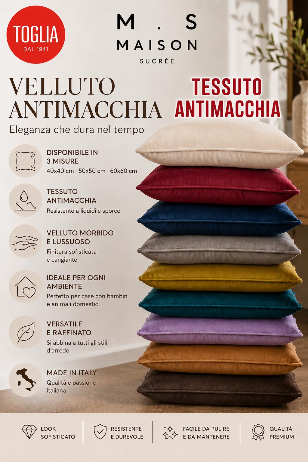 Maison Sucrée Fodera Cuscino Arredo 60x60 in Velluto Antimacchia Made in Italy Art. Nobile (ORO)