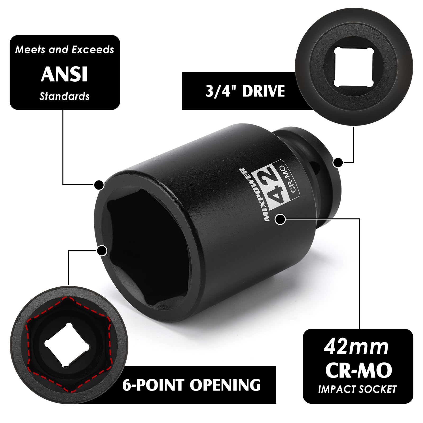 MIXPOWER Schlagnuss 3/4 Zoll Antrieb – 42 Mm, CR-MO Stahl, Für Achsmuttern & Radwechsel
