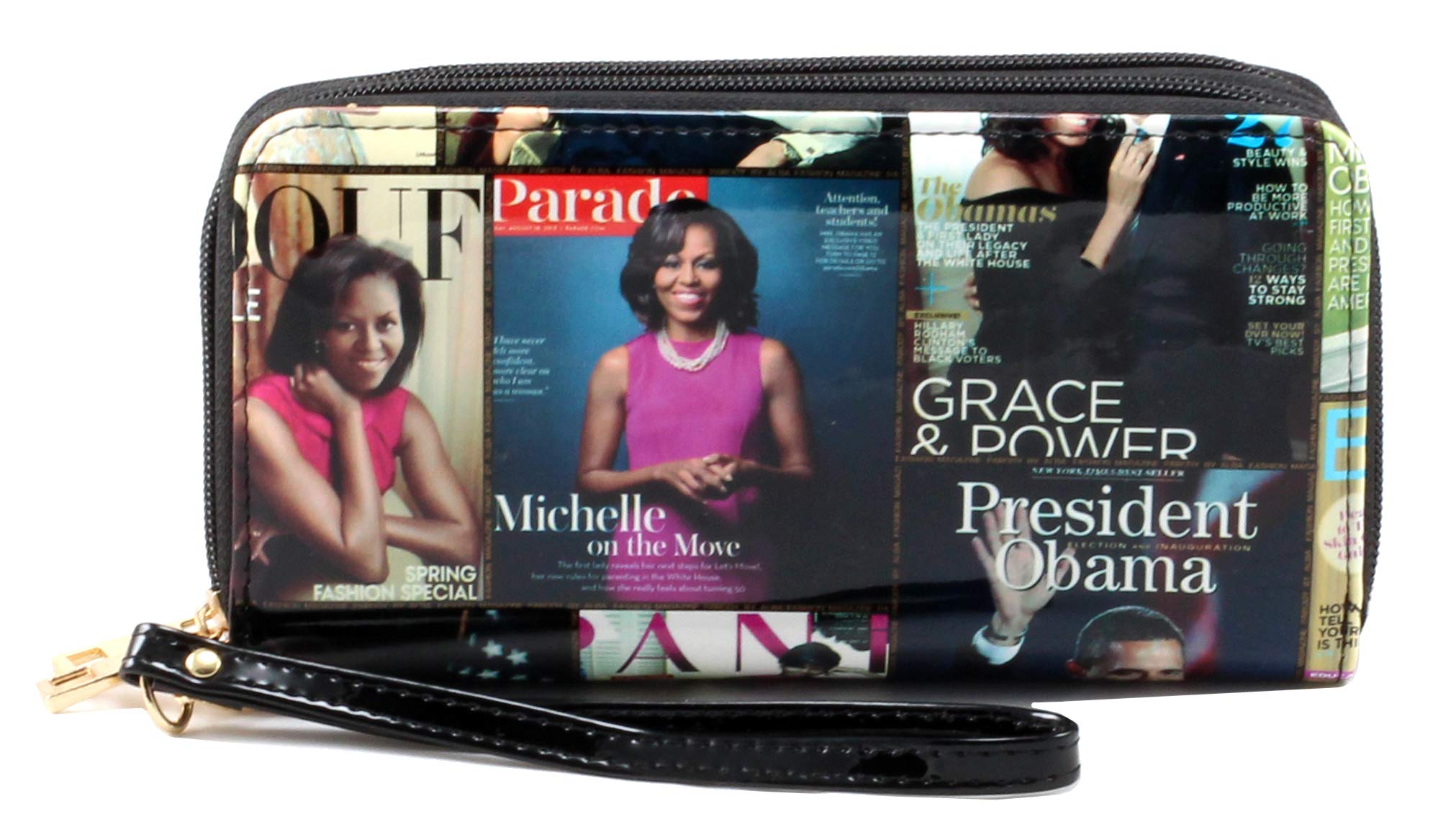 Amy&Joey Glossy magazine cover collage Michelle Obama printed large capacity zipper wallets with wrist band (Picture #01-MT)