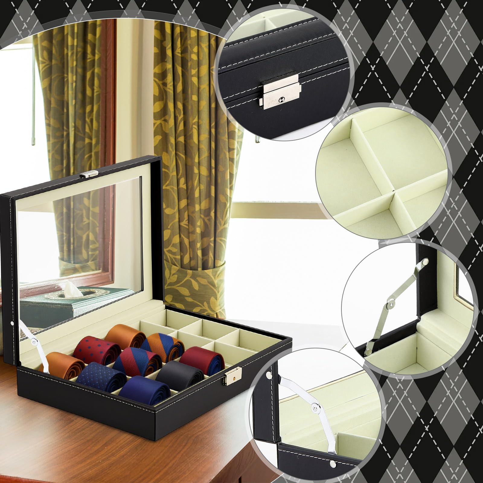 AceOrbit Luxuriöse Krawattenvitrine mit Glasdeckel - 15 Steckplätze Organizer für Herren Krawatten & Accessoires, abschließbare Kommode Aufbewahrungsbox, elegantes Geschenk zum Vatertag