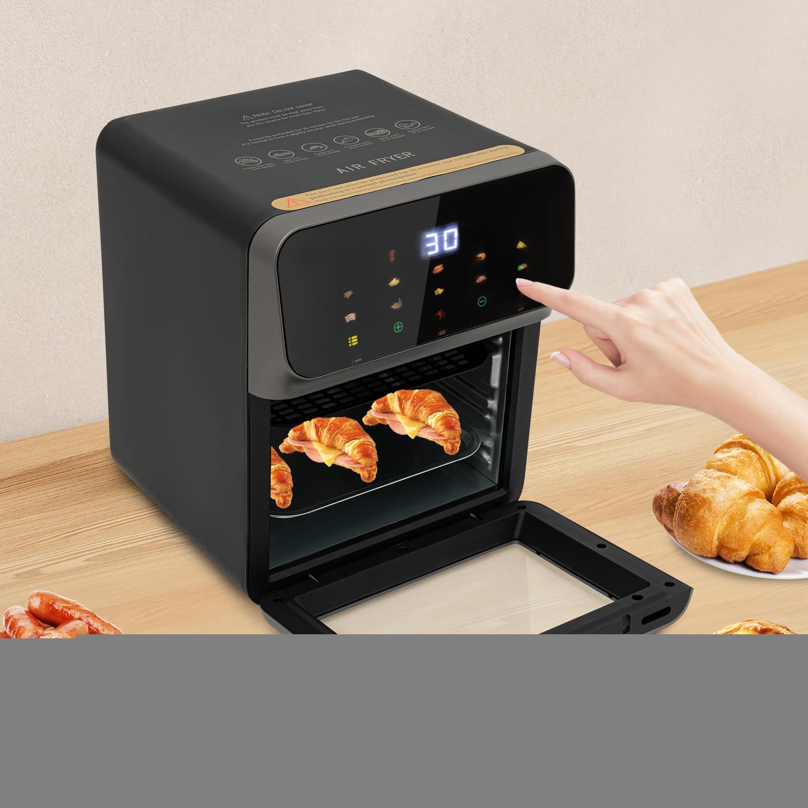 Mini piekarnik 13 l, frytkownica na gorące powietrze, wielofunkcyjna, 1350 W, ekran dotykowy, 220-240 V, 50 Hz, z 2 blachami do pieczenia i 1 rękawicą do piekarnika, czarna