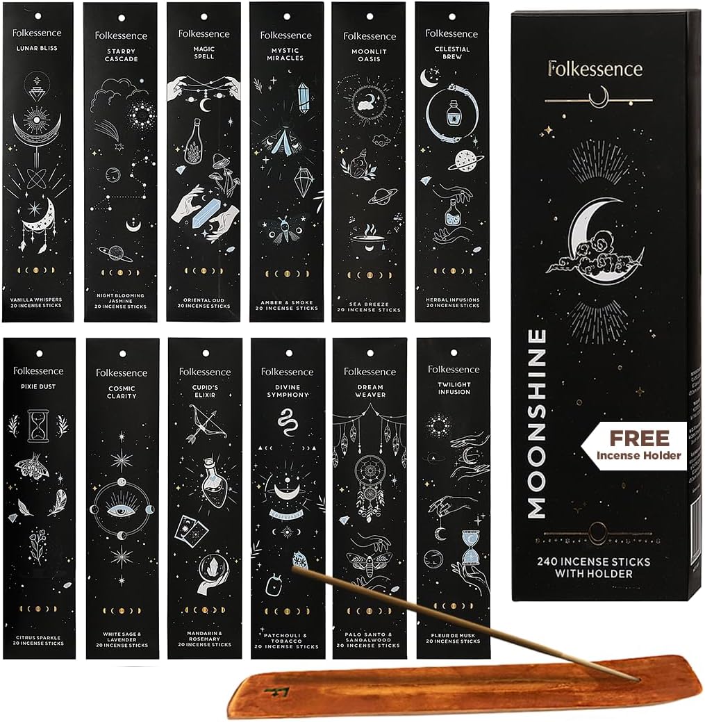 Folkulture Incense Sticks Gift Set | Pack of 12 Insense Sticks (240) with Incense Holder | Non Toxic Palo Santo Incense Sticks, Sandalwood Incense | Organic Inscents-Sticks for Meditation