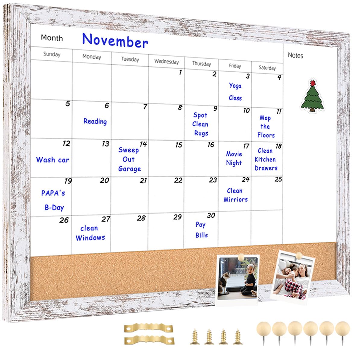Umtiti Monthly Calendar Dry Erase White Board & Cork Bulletin Board，13" x 17" White Wood Frame，Magnetic Surface Whiteboard.Perfect for Organizing Your Space.Whiteboard+Cork-3343B-WH