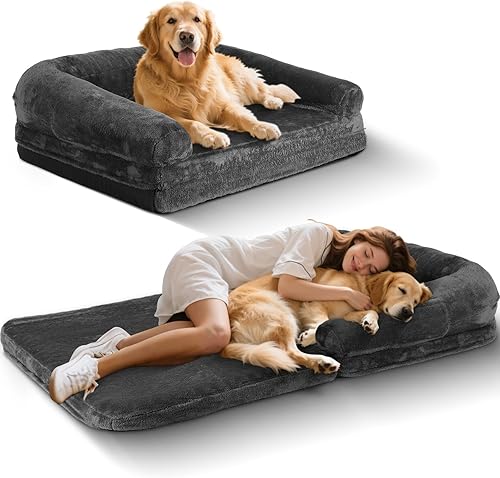 Cama plegable para perros humanos, cama ortopédica de espuma viscoelástica para perros, tamaño humano 2 en 1, relajante tamaño humano con