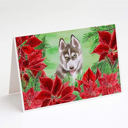 Caroline's Treasures CK1344GCA7P Siberian Husky Grey Poinsettas Greeting Cards and Envelopes Pack of 8 Blank Cards with Envelopes Whimsical A7 Size