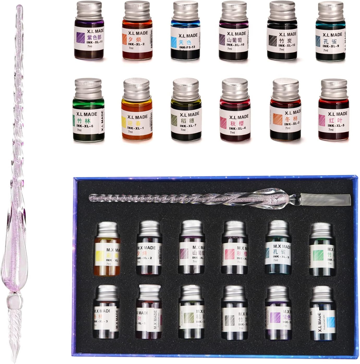 Glass Pen Set Calligraphy Dip Pens,12 Colorful Inks,Caligraphy Sets for Art, Writing, Signature, Decoration, Gift