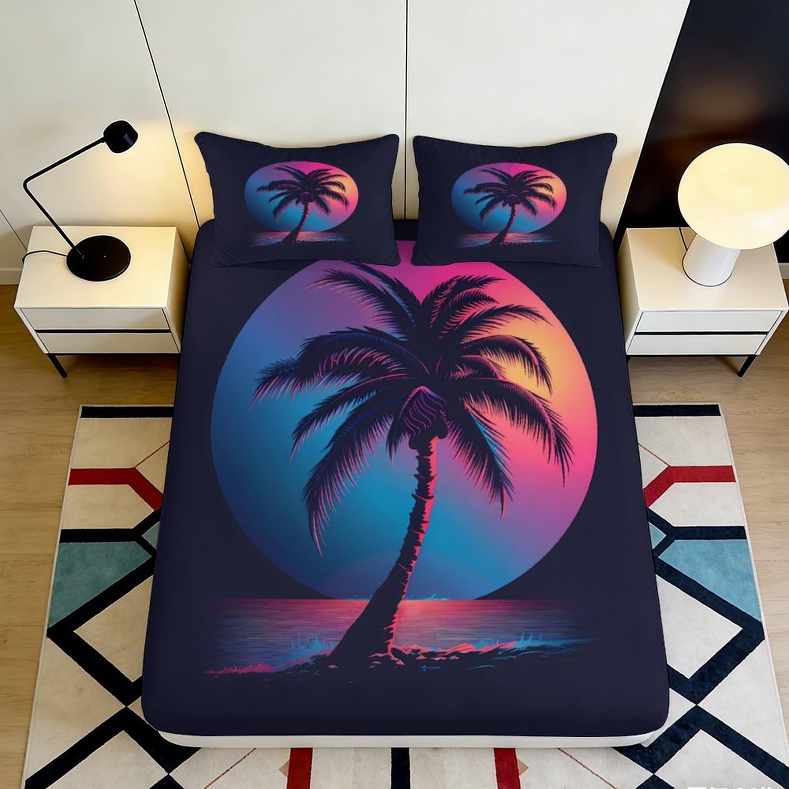 Jqzkxnhpbr Style-4 3D Printed Sunset Palm Fitted Sheet Microfiber Soft Gradient Ocean Mattress Cover For Bedroom Guest Room Decor 90X200x25cm