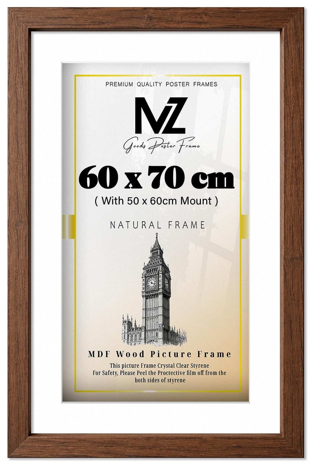 MZ GOODS | Poster Frame 1' 12" x 2' 4" Walnut 28" x 24" With (23.62 x 19.68 Inch) White Mount Handmade for Room Décor (60 x 70 cm) [ Walnut ]