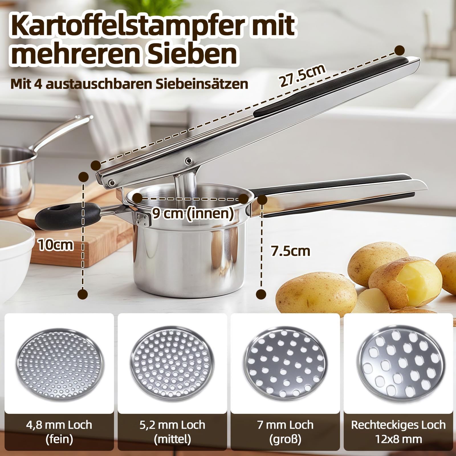Kartoffelpresse Edelstahl, Spätzlepresse mit 4 Austauschbaren Spätzlesieb in Verschiedene Porengrößen & Silikon Griff, Potato Ricer für Kartoffelpüree, Spaghetti, Obstsäfte, Spätzle, Spülmaschinenfest