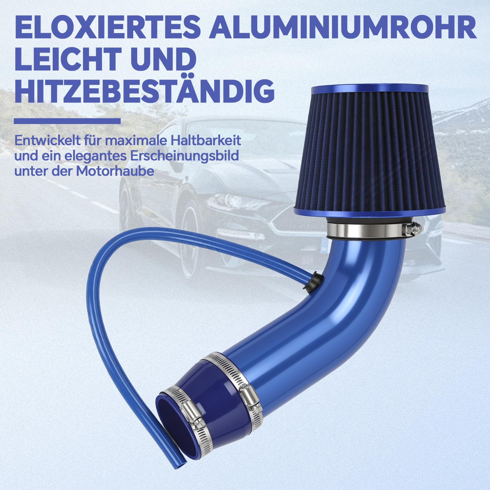 76mm (3") Universal Kaltlufteinlass Kit, Sportluftfilter mit Aluminium-Ansaugrohr & Silikonverbinder, Auto High-Flow Ansaugsystem für Tuning, Blau