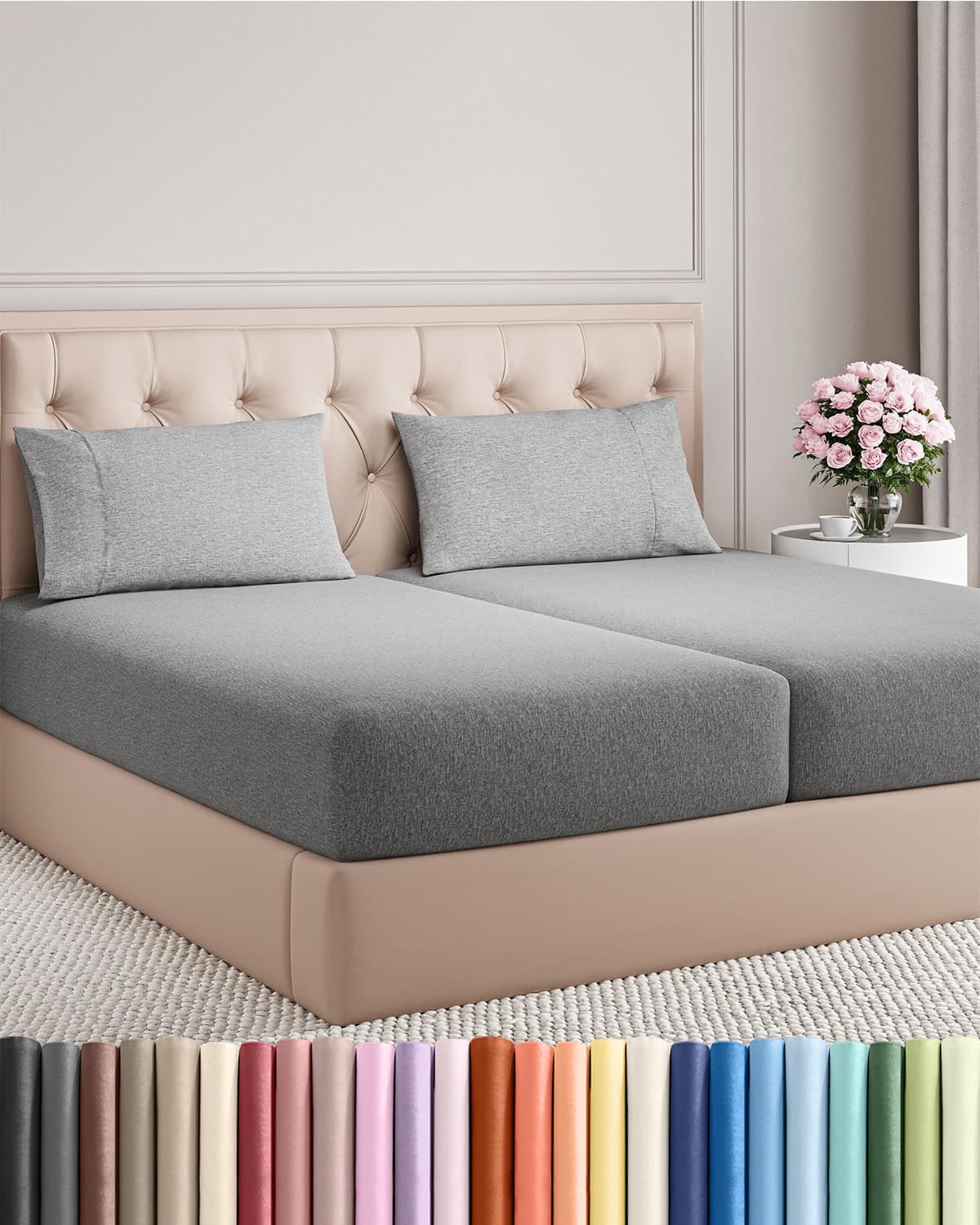 Split King Size 5 Piece Sheet Set - Comfy Breathable & Cooling Bed Sheets Set - Hotel Luxury Bedding for Women, Men, Kids, Teens, Boys & Girls - Deep Pockets & Wrinkle Free - Grey (Heathered Sheets)