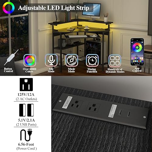 Miniatura 4 de Escritorio esquinero con estación de carga y luz LED, escritorio de esquina triangular con soporte para monitor y bandeja para teclado para espacio