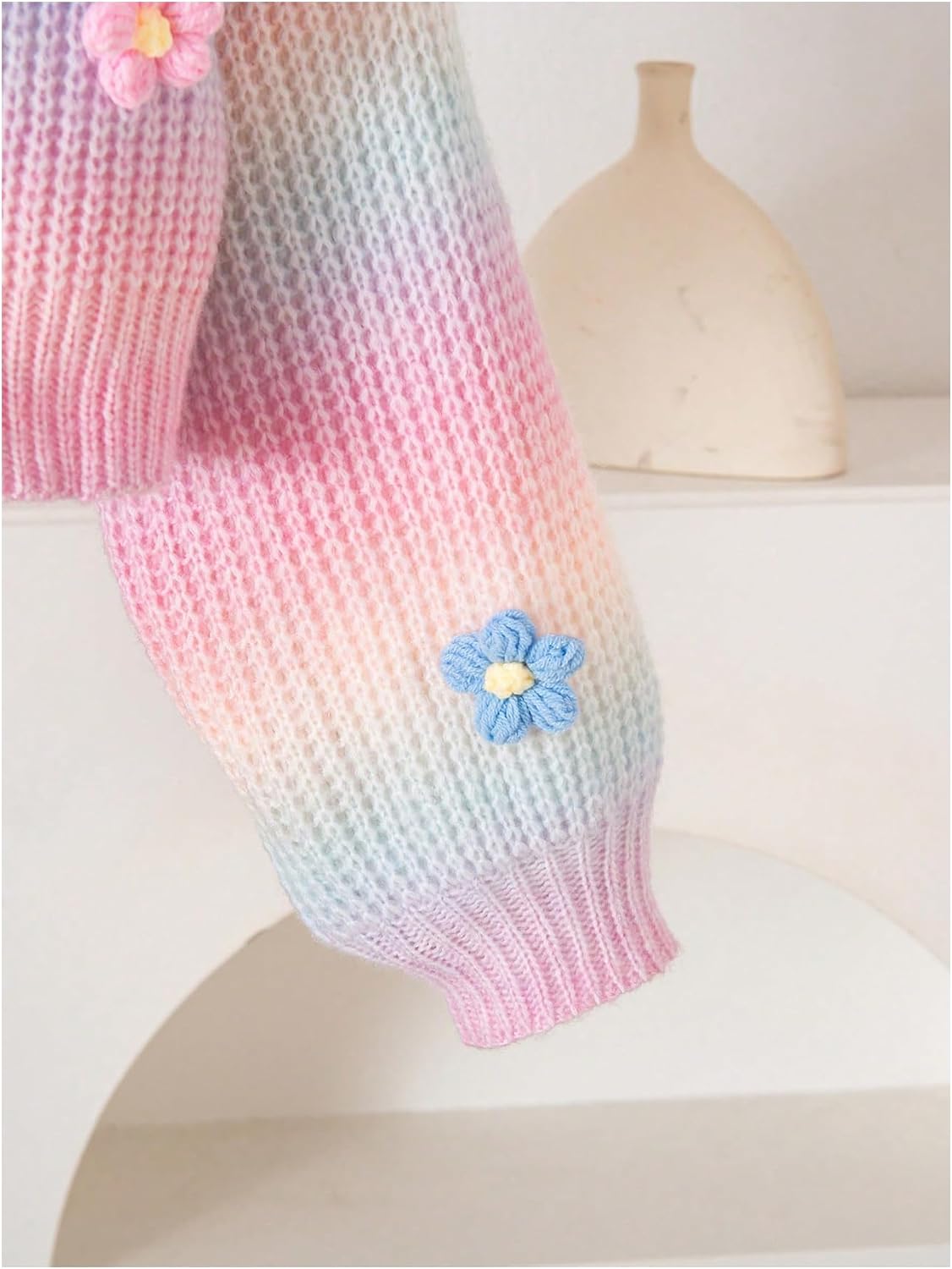 SHENHE Girl's Cute Flower Cardigan Open Front Chunky Knit Colorful Cropped Cardigan Sweater