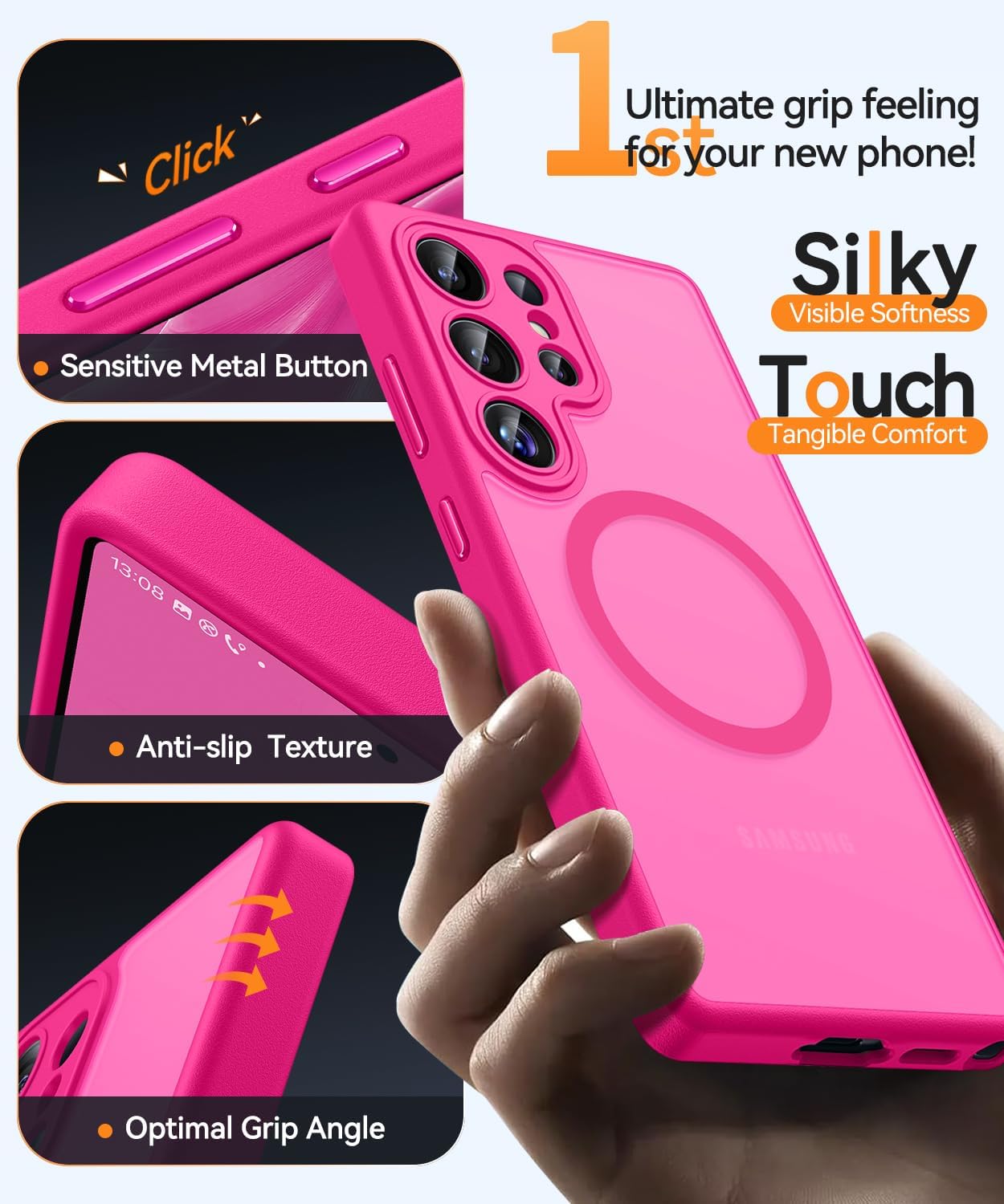 CANSHN Designed for Samsung Galaxy S23 Ultra Case [Full Camera Protection] [Compatible with MagSafe] Translucent Matte Shockproof Protective Phone Cover 6.8 Inch - Hot Pink - Image 5
