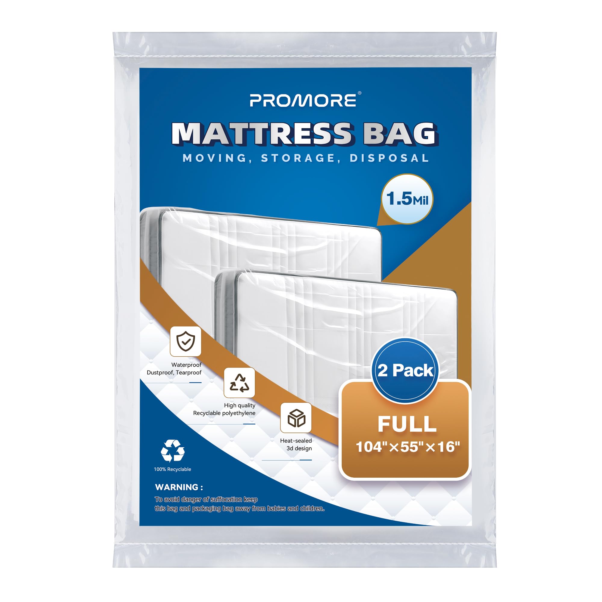 PROMORE 2PK Mattress Bag for Disposal Moving or Storage, Plastic Waterproof Mattress Protector Covers - (Full Size 1.5Mil)
