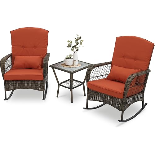 3 Piece Rocking Bistro Set Wicker Outdoor Patio Chairs Rattan Conversation Sets with Coffee Table for Patio, Porch, Backyard, Balcony, Deck, Poolside and Garden (Rose Red)
