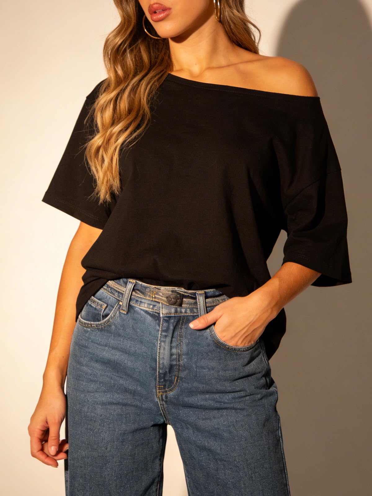 HAWILAND Off Shoulder damska koszulka oversize, z odkrytymi ramionami, elegancka koszulka z krótkim rękawem, długa koszulka z rękawami nietoperza