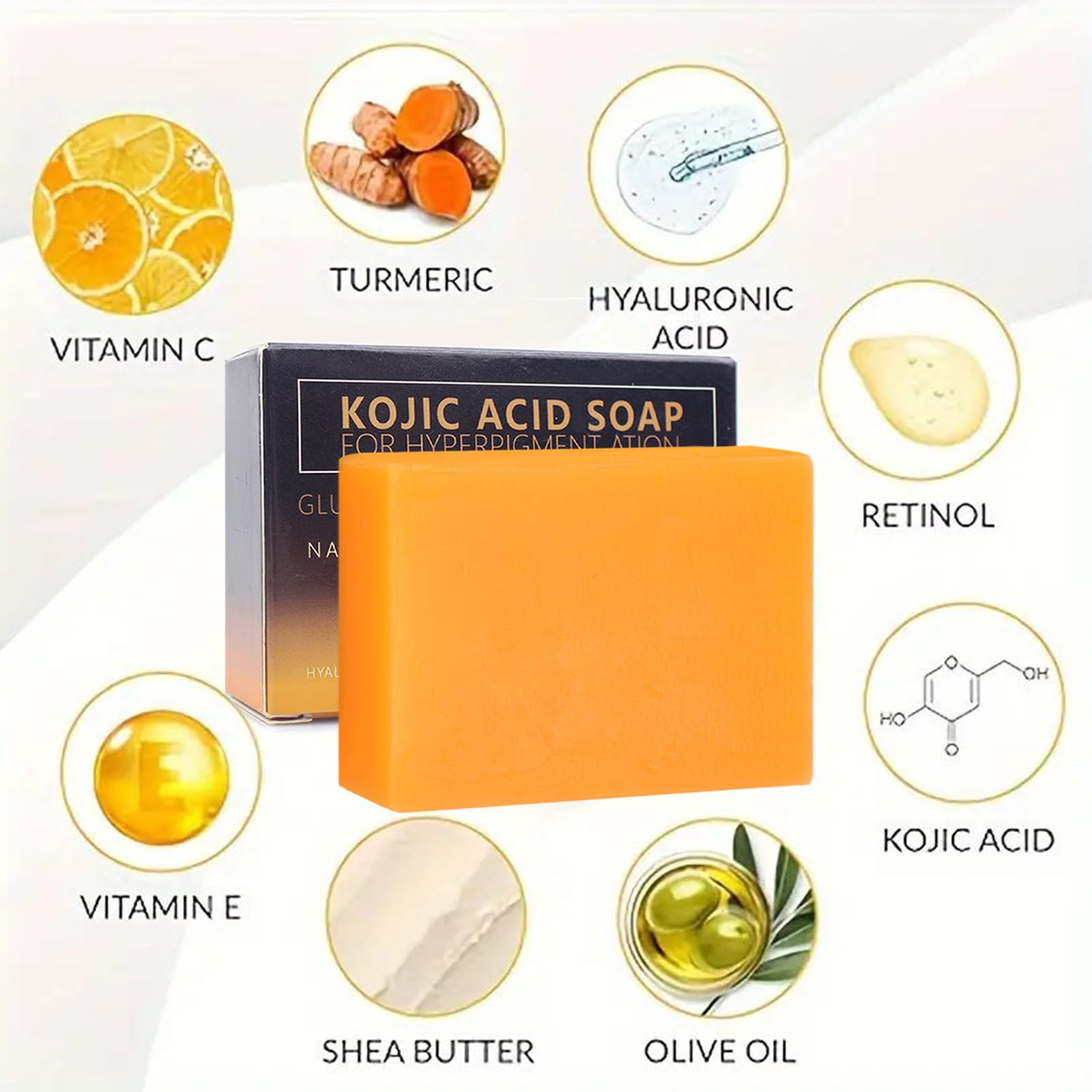 2 pcs Savon à L'acide Kojique au Curcuma,Skin Lightening Soap,VC Savonnette,Doux pour l'Hydratation du Visage et Corps,pour Bain Éclaircissant,Rétrécissement des Pores(2 * 100g)