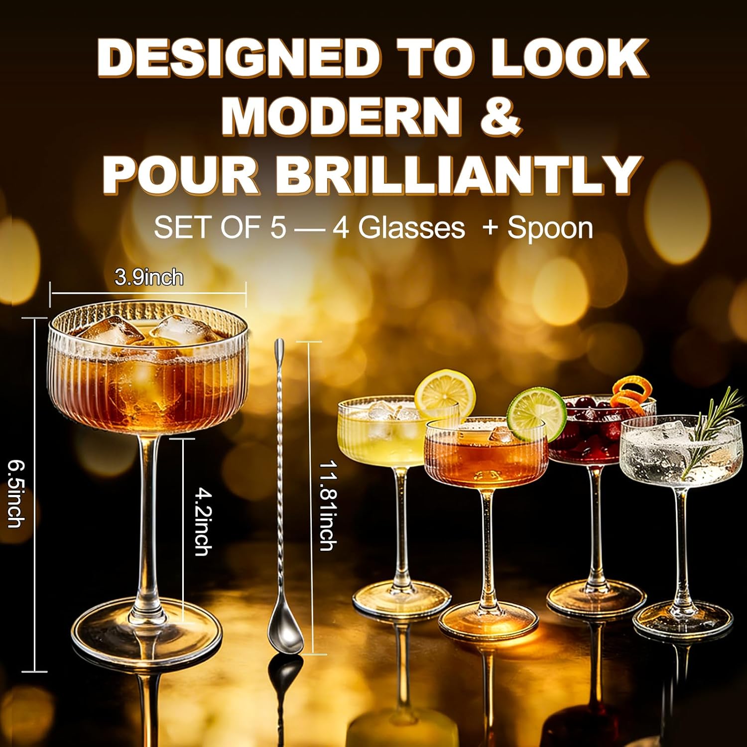 Ribbed Coupe Glasses Set of 4 for Home Bar with Stirring Spoon, Vintage Martini Coupe Glasses, 8.8 oz Cocktail Coupe Glasses for Entertaining, Desserts & Champagne, Dishwasher Safe (4 Pcs)