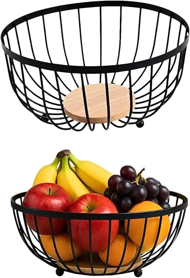 Fruteira de Mesa Moderna Aramada em Ferro Preto com Base de Bambu - Cesto de Frutas Redondo Design Minimalista para Cozinha e Sala de Jantar