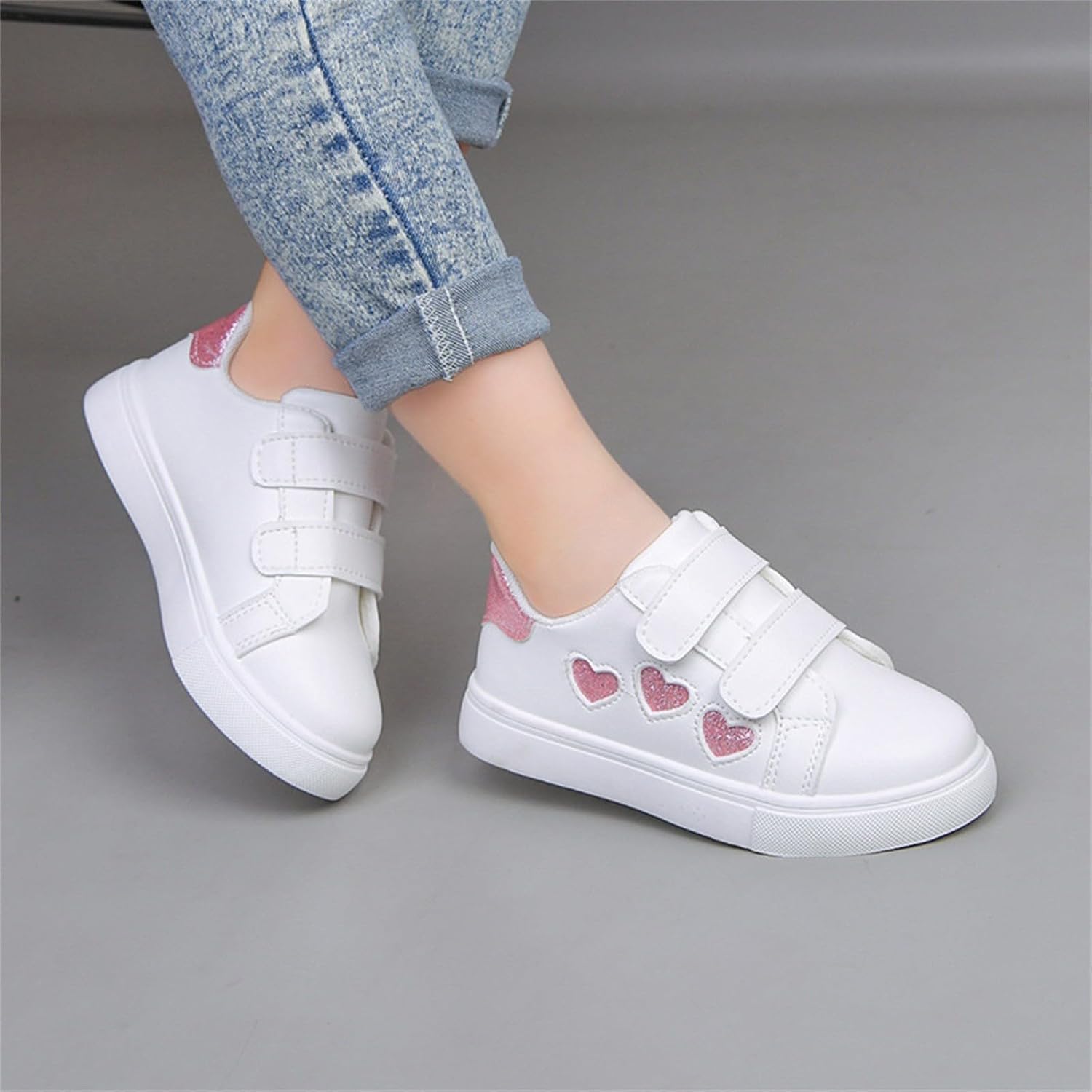 Toddler Heart Sequin Sneakers Flat Strap Running Walking Shoes Kids Girls Lightweight Slip on Sport Casual Sneakers