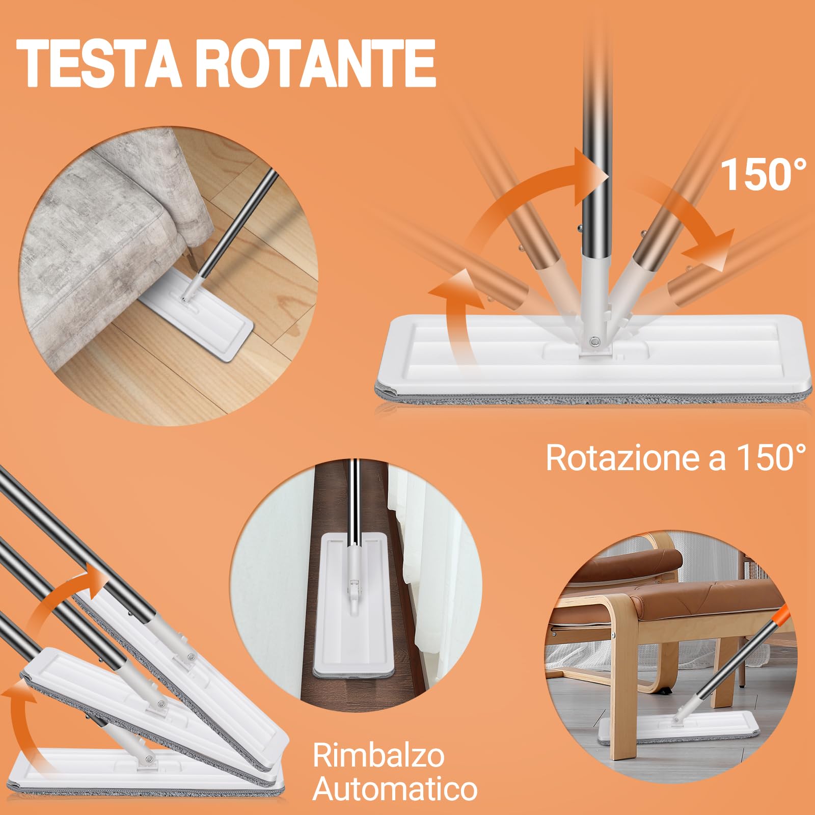 MASTERTOP Mocio Lavapavimenti e Secchio Strizzatore, Mocio Piatto Rotante e Piccolo Secchio Autolavaggio, Mop a Mani Libere in Microfibra, con 3 Tamponi Riutilizzabili (Arancione)