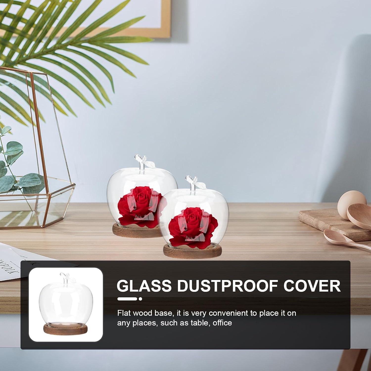 Glass Display Cloche Dome with Soild Wood Base: Apple Shape Glass Cover for Flower Storage Bottle Office Home Christmas Party Favordecoration 5. 3" X 5. 1"