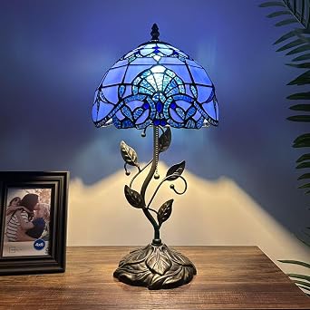 Stained Glass Table Lamp Blue Baroque Style Included LED Bulb for Living Room Bedroom Bedside 10" W*10" D*20" H