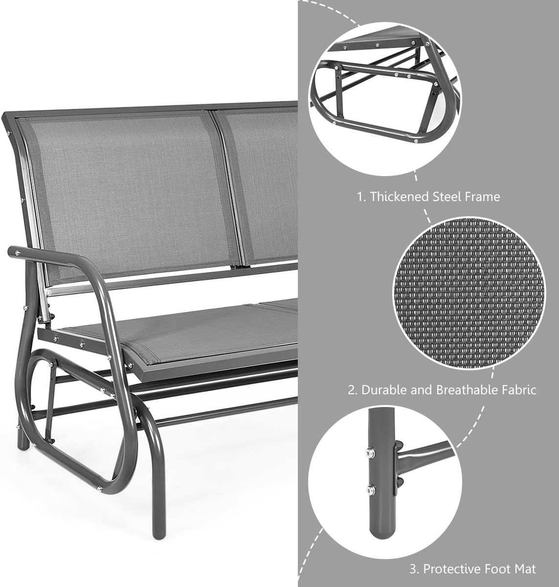 DORTALA 48'' Outdoor Patio Swing Glider Bench Chair, Cozy Patio Bench for 2 People, Steel Rocking Garden Loveseat with Spacious Space, Swing Lounge Glider Chair for Patio Backyard Poolside Lawn, Grey