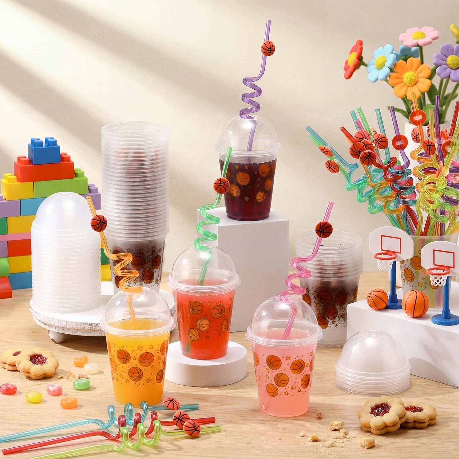 64 Set Basketball Party Plastic Cups with Lids and Straws, 12 oz Frosted Reusable Drinking Cups Bulk Basketball Tailgate Sports Party Decorations for Birthday, Game Day, and Team Events