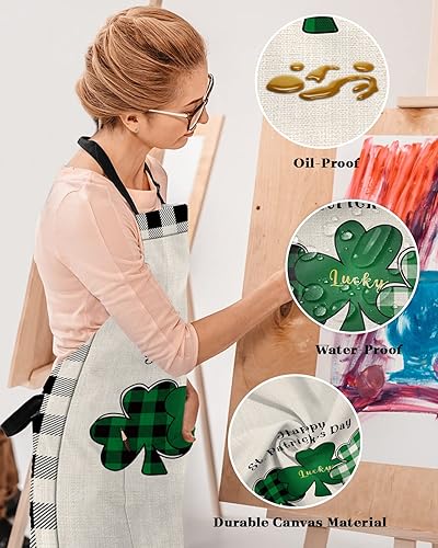 Miniatura 4 de LEOKOTI St Patricks Day Aprons for Women Men with 2 Pockets White and Black Buffalo Plaid Board Green Lucky Clover Waterproof Kitchen Aprons