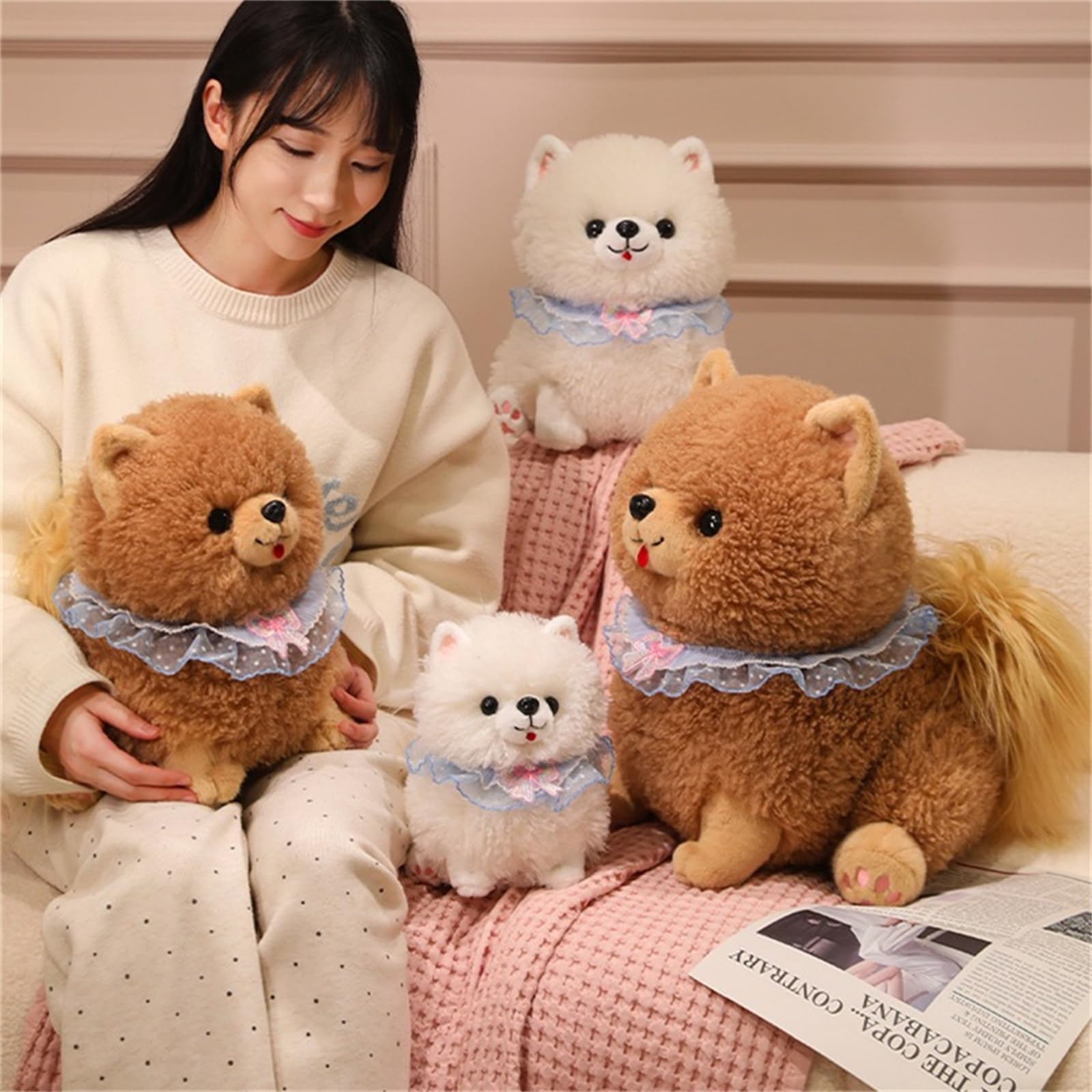 Plüschtiere, Pomeranian-Plüsch, 23 cm, süßes Welpen-Plüschtier for Kinder, weiches Pomeranian-Hunde-Plüschtier(Brown,25cm)