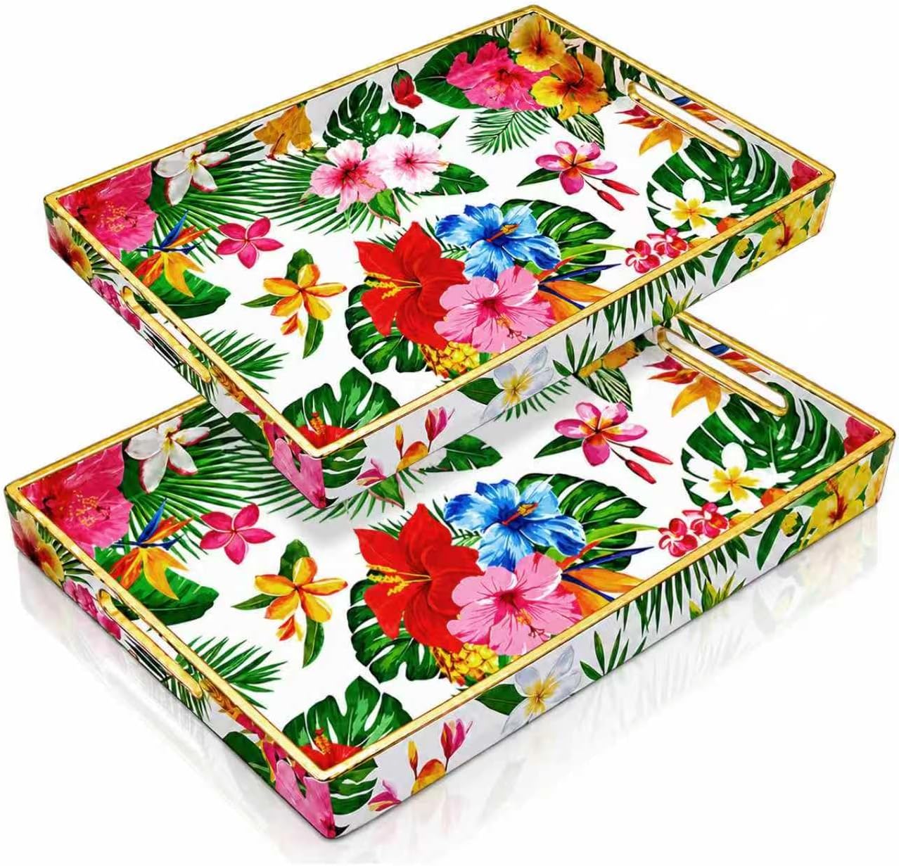 Set of 2 Tropical Hibiscus Floral Plastic Serving Tray with Handles, Large 15.7 in & Small 13.6 in, Summer Flower Palm Leaf Design Tray for Ottoman Coffee Table Kitchen Counter Home Decor Food Display