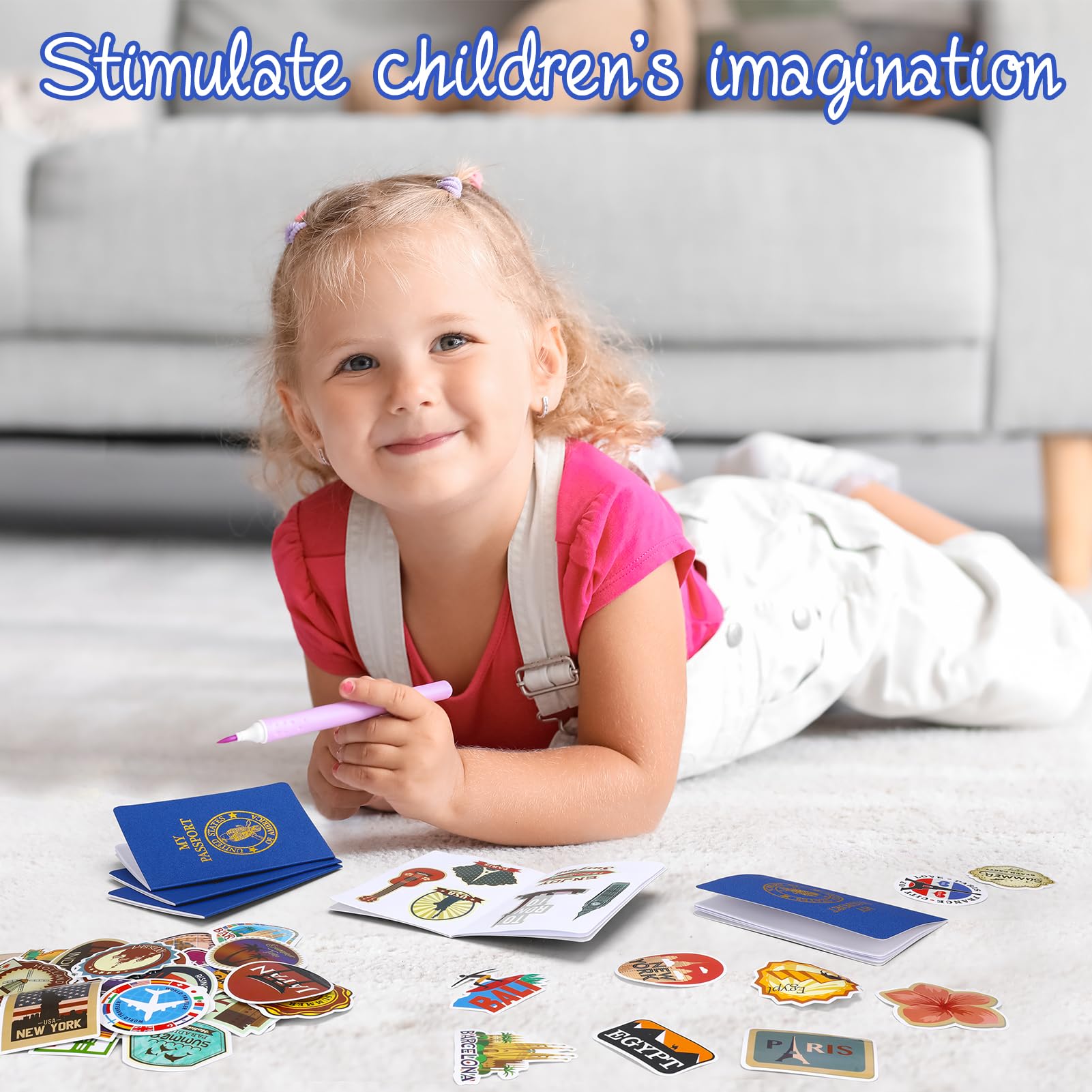 40 quaderni vuoti per passaporto, 400 adesivi per diario di viaggio, passaporto finto per bambini, 14 x 9 cm, bomboniere per bambini, scuola, viaggi, giochi, premi