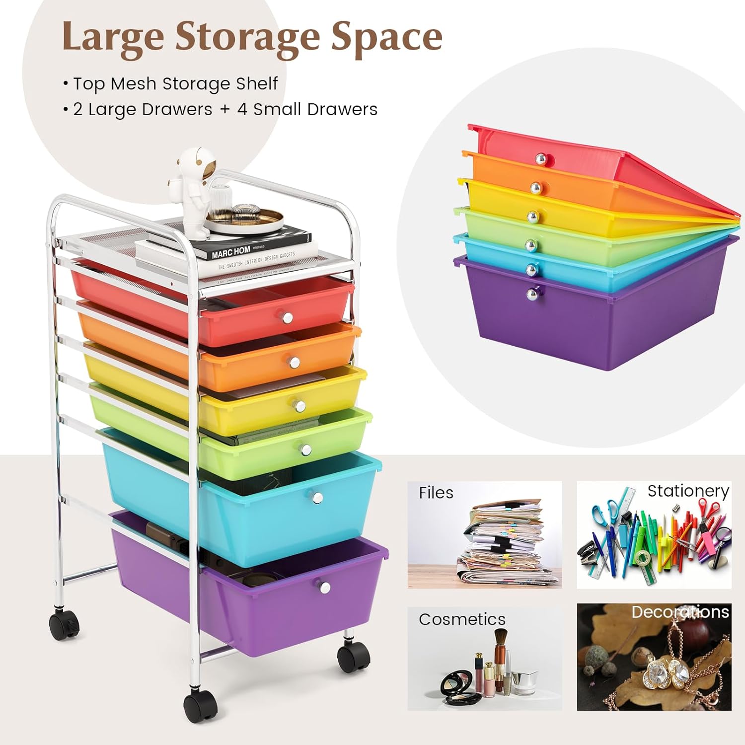 Topment 6 Bin Organizer Rolling Storage Cart Metal Frame Plastic Drawers Flexible Wheels Home Office Scrapbook Supply & Paper Shelf (Multicolor)
