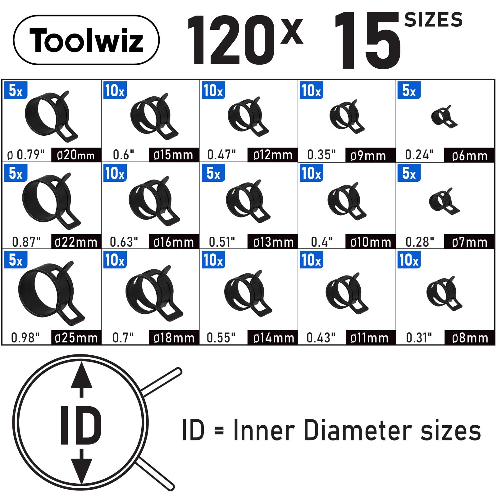 Toolwiz 120 szt. 6-25 mm zaciski do węży sprężynowych z obrotowymi szczypcami zaciskowymi do węża, 15 rozmiarów zacisków do węża, asortyment opasek sprężynowych, przewód paliwowy, wąż próżniowy