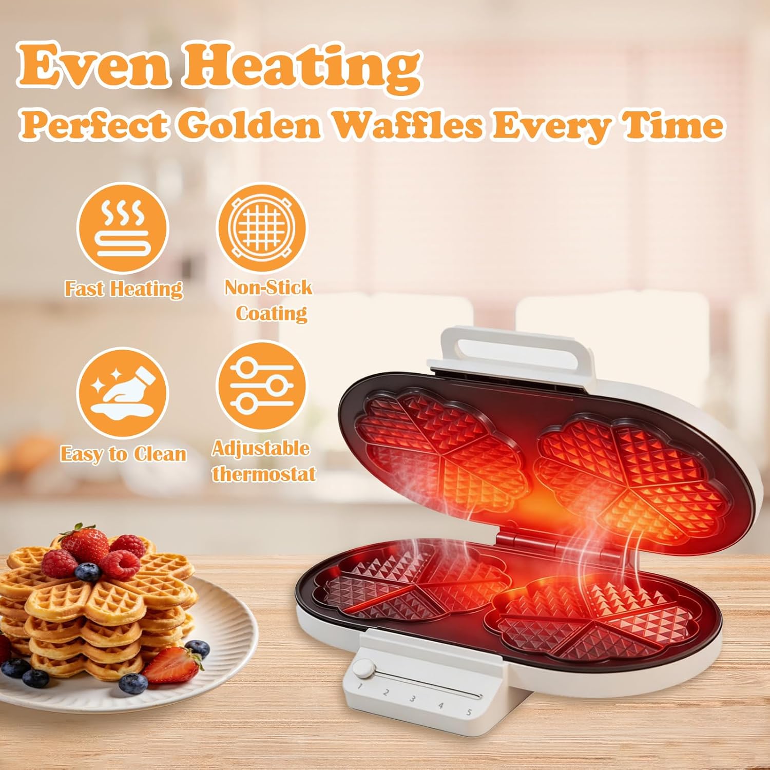 Electric Heart-Shaped Waffle Maker: Upgraded Fast Double-Side Heating - Nonstick Double-Plate Baker Make 10 Heart Waffles - 5-Level Browning Control & No-Flip &Compact for Families Breakfast(White)