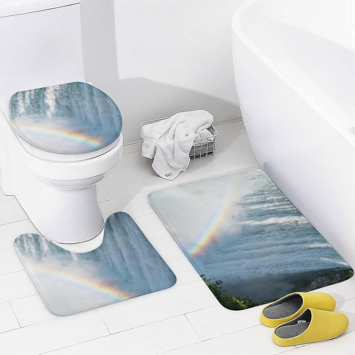 4 Piece Bathroom Rug Set with Shower Curtain, Non-Slip Bath Mat Toilet Cover Set, Niagara Falls Bathroom Rug Sets